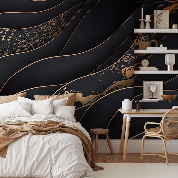 Residential wallpaper installation in luxury living room